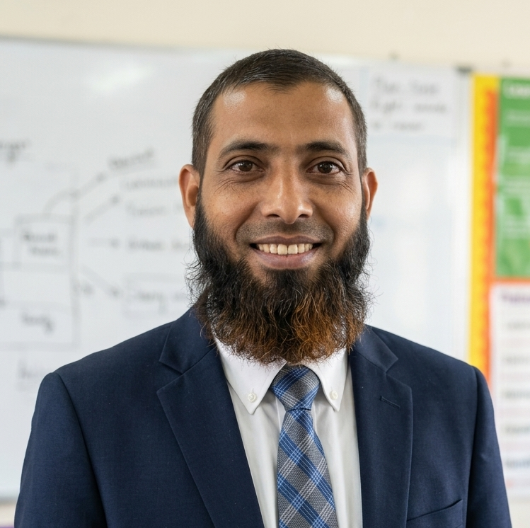 Faizal Ummer Uppadathil, IGCSE Mathematics teacher, smiling at his desk