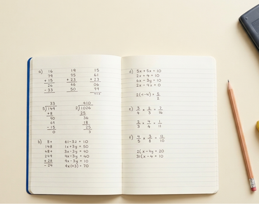 A student desk set up for non-calculator maths practice