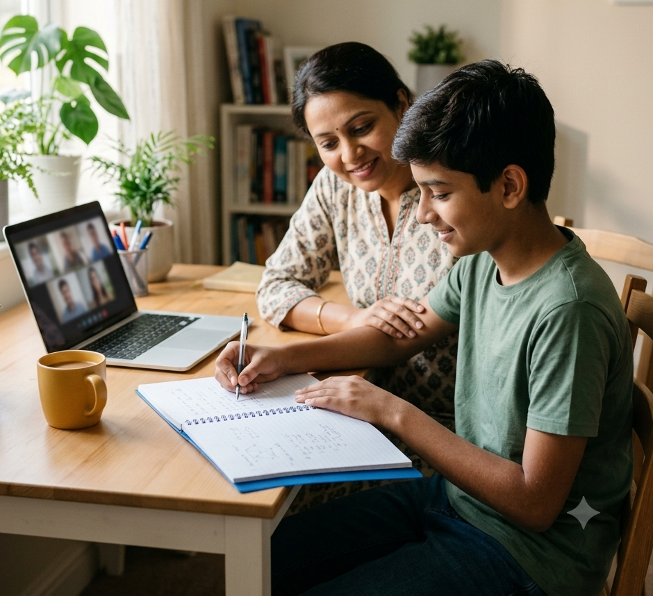 A parent and student working through maths together at home